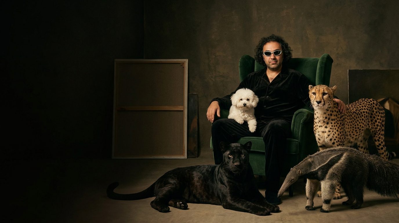 Vashik in a green velvet armchair with his gang: a black panther, a cheetah, a white bichon and a giant anteater